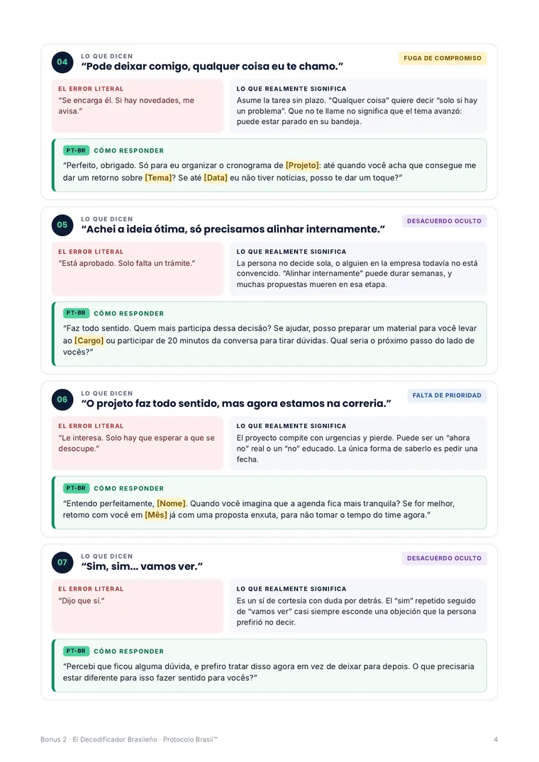 Página del Decodificador Brasileño con frases indirectas, su significado real y la respuesta en portugués
